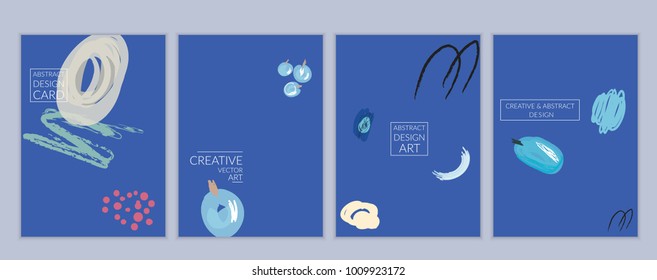 Set of artistic minimal universal card templates with abstract hand drawn doodles. Design for poster, card, invitation. Roughly drawn bright trendy textures. Minimal simple design.Vector isolated