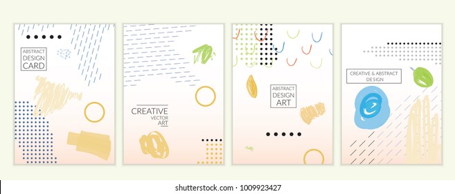 Set of artistic minimal universal card templates in Memphis style with abstract hand drawn doodles. Design for poster, card, invitation. Roughly drawn bright trendy textures. Vector isolated