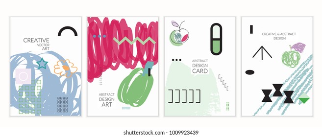 Set of artistic minimal universal card templates in Memphis style with abstract hand drawn doodles. Design for poster, card, invitation. Roughly drawn bright trendy textures. Vector isolated