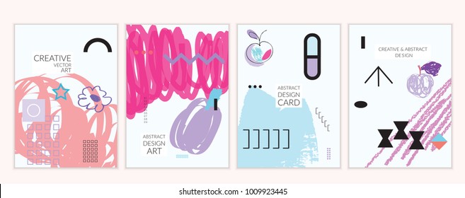 Set of artistic minimal universal card templates in Memphis style with abstract hand drawn doodles. Design for poster, card, invitation. Roughly drawn bright trendy textures. Vector isolated