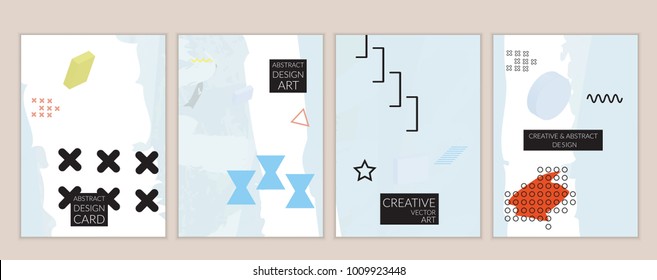 Set of artistic minimal universal card templates in Memphis style with abstract hand drawn doodles. Design for poster, card, invitation. Roughly drawn bright trendy textures. Vector isolated