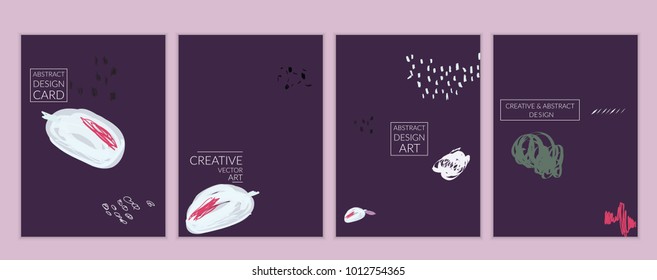 Set of artistic minimal universal card templates with abstract hand drawn doodles. Design for poster, card, invitation. Roughly drawn bright trendy textures. Minimal simple design.Vector isolated