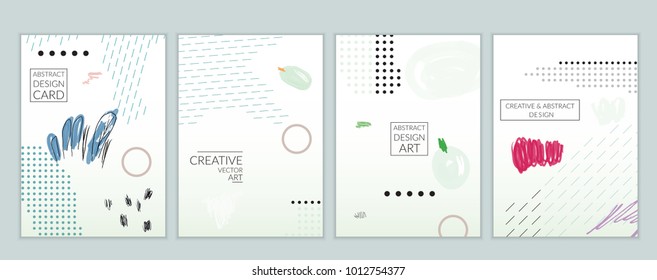 Set of artistic minimal universal card templates in Memphis style with abstract hand drawn doodles. Design for poster, card, invitation. Roughly drawn bright trendy textures. Vector isolated