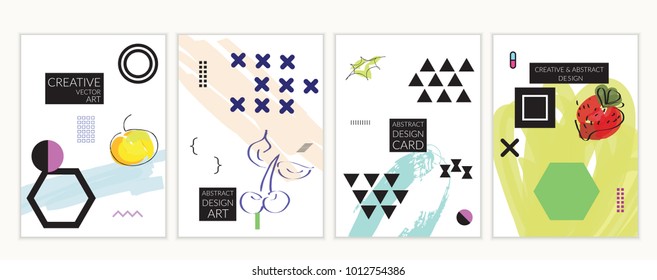 Set of artistic minimal universal card templates in Memphis style with abstract hand drawn doodles. Design for poster, card, invitation. Roughly drawn bright trendy textures. Vector isolated