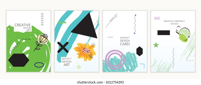 Set of artistic minimal universal card templates in Memphis style with abstract hand drawn doodles. Design for poster, card, invitation. Roughly drawn bright trendy textures. Vector isolated