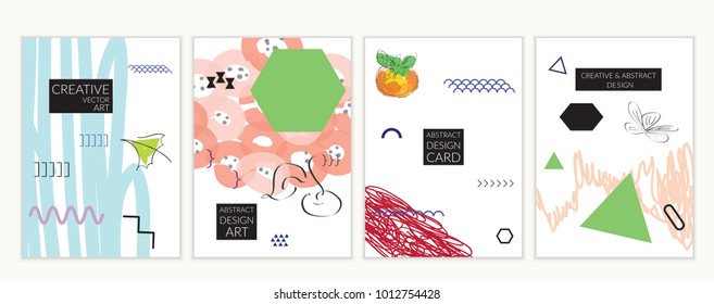 Set of artistic minimal universal card templates in Memphis style with abstract hand drawn doodles. Design for poster, card, invitation. Roughly drawn bright trendy textures. Vector isolated