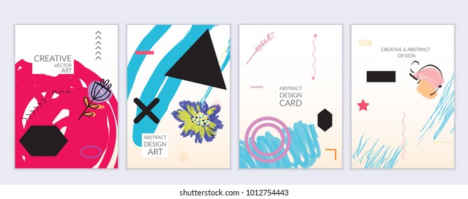 Set of artistic minimal universal card templates in Memphis style with abstract hand drawn doodles. Design for poster, card, invitation. Roughly drawn bright trendy textures. Vector isolated