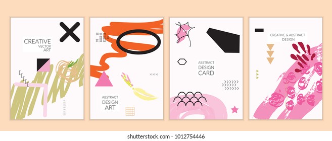 Set of artistic minimal universal card templates in Memphis style with abstract hand drawn doodles. Design for poster, card, invitation. Roughly drawn bright trendy textures. Vector isolated