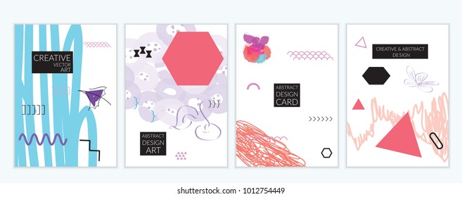 Set of artistic minimal universal card templates in Memphis style with abstract hand drawn doodles. Design for poster, card, invitation. Roughly drawn bright trendy textures. Vector isolated