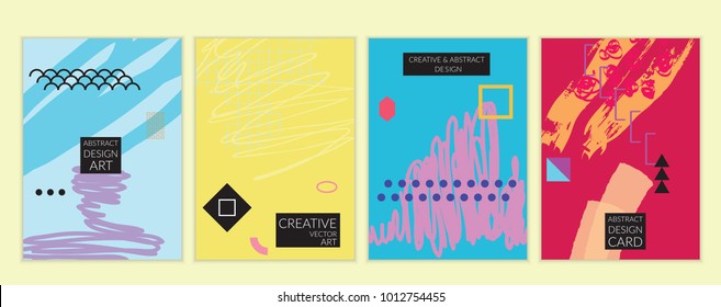 Set of artistic minimal universal card templates in Memphis style with abstract hand drawn doodles. Design for poster, card, invitation. Roughly drawn bright trendy textures. Vector isolated