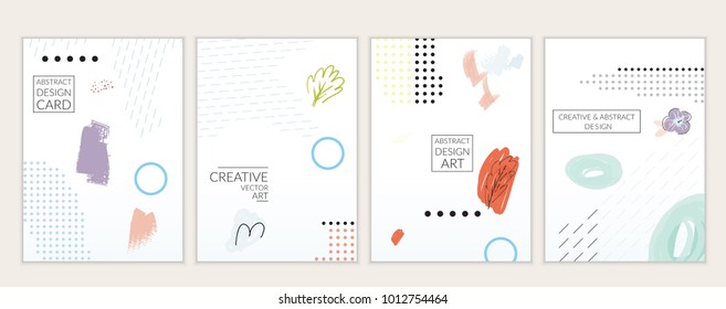 Set of artistic minimal universal card templates in Memphis style with abstract hand drawn doodles. Design for poster, card, invitation. Roughly drawn bright trendy textures. Vector isolated