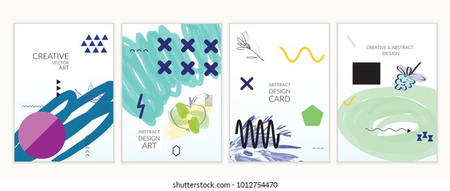 Set of artistic minimal universal card templates in Memphis style with abstract hand drawn doodles. Design for poster, card, invitation. Roughly drawn bright trendy textures. Vector isolated