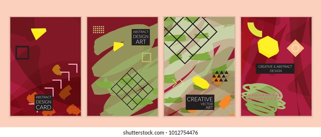 Set of artistic minimal universal card templates in Memphis style with abstract hand drawn doodles. Design for poster, card, invitation. Roughly drawn bright trendy textures. Vector isolated