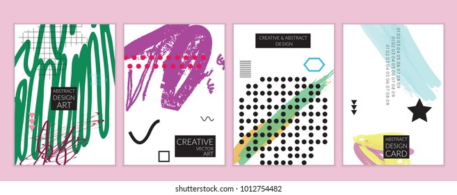 Set of artistic minimal universal card templates in Memphis style with abstract hand drawn doodles. Design for poster, card, invitation. Roughly drawn bright trendy textures. Vector isolated