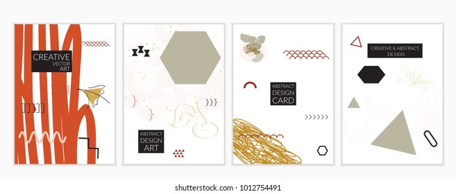 Set of artistic minimal universal card templates in Memphis style with abstract hand drawn doodles. Design for poster, card, invitation. Roughly drawn bright trendy textures. Vector isolated