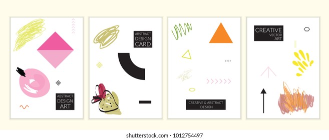 Set of artistic minimal universal card templates in Memphis style with abstract hand drawn doodles. Design for poster, card, invitation. Roughly drawn bright trendy textures. Vector isolated