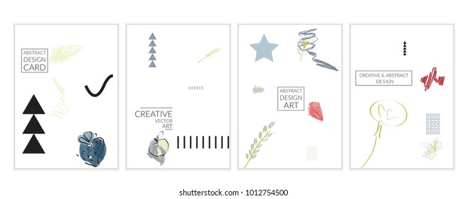 Set of artistic minimal universal card templates in Memphis style with abstract hand drawn doodles on white. Design for poster, card, invitation. Roughly drawn bright trendy textures. Vector isolated