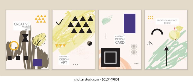 Set of artistic minimal universal card templates in Memphis style with abstract hand drawn doodles. Design for poster, card, invitation. Roughly drawn bright trendy textures. Vector isolated