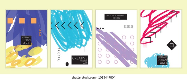 Set of artistic minimal universal card templates in Memphis style with abstract hand drawn doodles. Design for poster, card, invitation. Roughly drawn bright trendy textures. Vector isolated