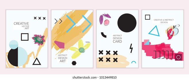 Set of artistic minimal universal card templates in Memphis style with abstract hand drawn doodles. Design for poster, card, invitation. Roughly drawn bright trendy textures. Vector isolated