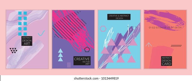 Set of artistic minimal universal card templates in Memphis style with abstract hand drawn doodles. Design for poster, card, invitation. Roughly drawn bright trendy textures. Vector isolated