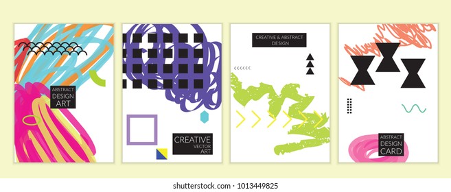 Set of artistic minimal universal card templates in Memphis style with abstract hand drawn doodles. Design for poster, card, invitation. Roughly drawn bright trendy textures. Vector isolated