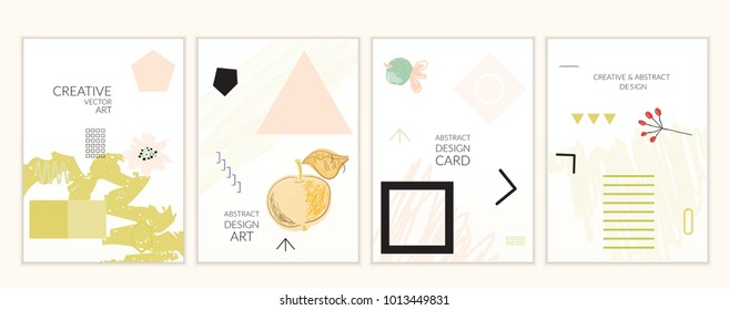 Set of artistic minimal universal card templates in Memphis style with abstract hand drawn doodles. Design for poster, card, invitation. Roughly drawn bright trendy textures. Vector isolated