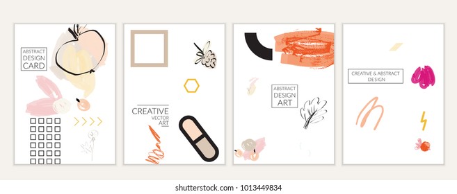 Set of artistic minimal universal card templates in Memphis style with abstract hand drawn doodles on white. Design for poster, card, invitation. Roughly drawn bright trendy textures. Vector isolated