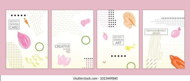 Set of artistic minimal universal card templates in Memphis style with abstract hand drawn doodles. Design for poster, card, invitation. Roughly drawn bright trendy textures. Vector isolated
