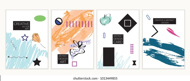 Set of artistic minimal universal card templates in Memphis style with abstract hand drawn doodles. Design for poster, card, invitation. Roughly drawn bright trendy textures. Vector isolated