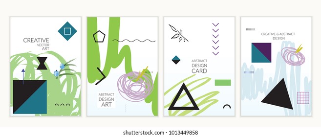 Set of artistic minimal universal card templates in Memphis style with abstract hand drawn doodles. Design for poster, card, invitation. Roughly drawn bright trendy textures. Vector isolated