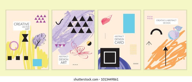 Set of artistic minimal universal card templates in Memphis style with abstract hand drawn doodles. Design for poster, card, invitation. Roughly drawn bright trendy textures. Vector isolated