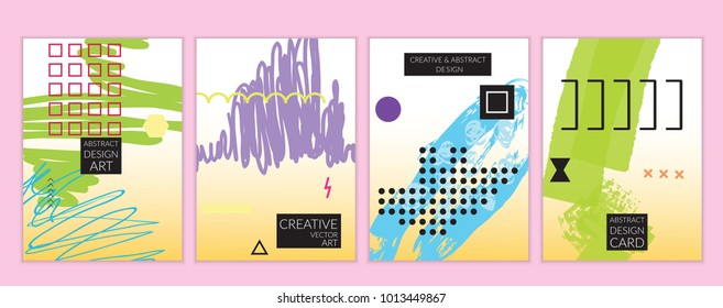 Set of artistic minimal universal card templates in Memphis style with abstract hand drawn doodles. Design for poster, card, invitation. Roughly drawn bright trendy textures. Vector isolated