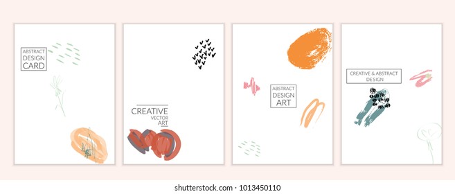 Set of artistic minimal universal card templates in Memphis style with abstract hand drawn doodles. Design for poster, card, invitation. Roughly drawn bright trendy textures. Vector isolated