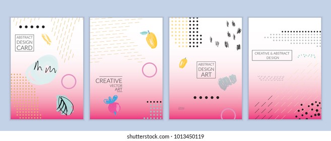 Set of artistic minimal universal card templates in Memphis style with abstract hand drawn doodles. Design for poster, card, invitation. Roughly drawn bright trendy textures. Vector isolated