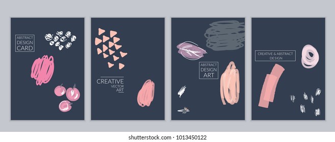 Set of artistic minimal universal card templates in Memphis style with abstract hand drawn doodles. Design for poster, card, invitation. Roughly drawn bright trendy textures. Vector isolated