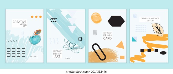 Set of artistic minimal universal card templates in Memphis style with abstract hand drawn doodles. Design for poster, card, invitation. Roughly drawn bright trendy textures. Vector isolated