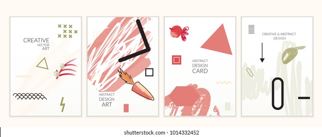 Set of artistic minimal universal card templates in Memphis style with abstract hand drawn doodles. Design for poster, card, invitation. Roughly drawn bright trendy textures. Vector isolated