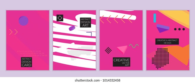 Set of artistic minimal universal card templates in Memphis style with abstract hand drawn doodles. Design for poster, card, invitation. Roughly drawn bright trendy textures. Vector isolated