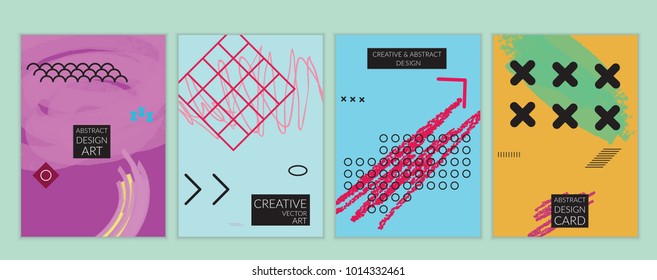 Set of artistic minimal universal card templates in Memphis style with abstract hand drawn doodles. Design for poster, card, invitation. Roughly drawn bright trendy textures. Vector isolated
