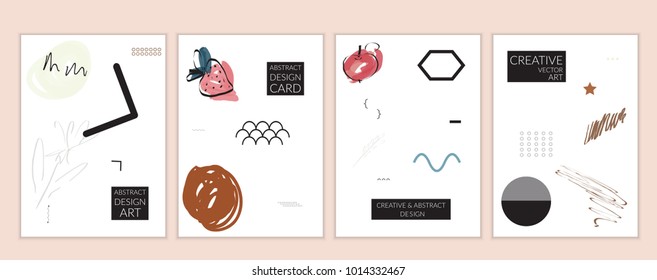 Set of artistic minimal universal card templates in Memphis style with abstract hand drawn doodles. Design for poster, card, invitation. Roughly drawn bright trendy textures. Vector isolated