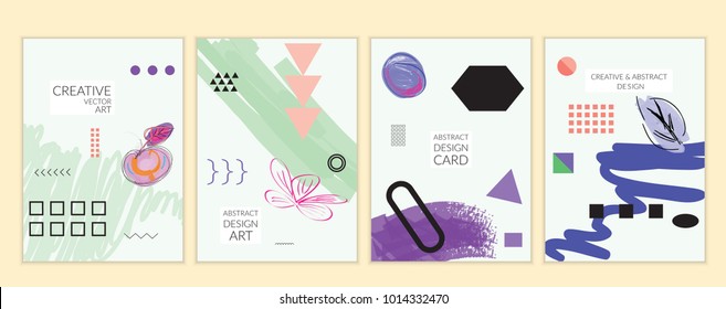 Set of artistic minimal universal card templates in Memphis style with abstract hand drawn doodles. Design for poster, card, invitation. Roughly drawn bright trendy textures. Vector isolated