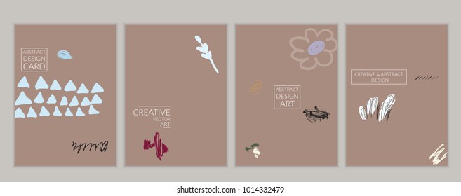Set of artistic minimal universal card templates with abstract hand drawn doodles. Design for poster, card, invitation. Roughly drawn bright trendy textures. Minimal simple design.Vector isolated
