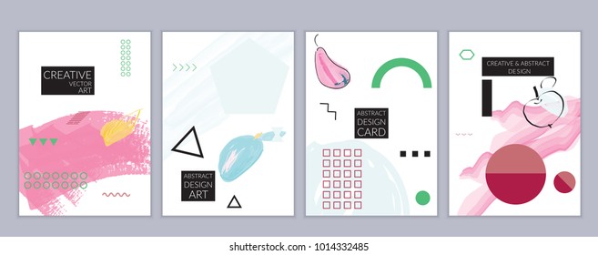 Set of artistic minimal universal card templates in Memphis style with abstract hand drawn doodles. Design for poster, card, invitation. Roughly drawn bright trendy textures. Vector isolated