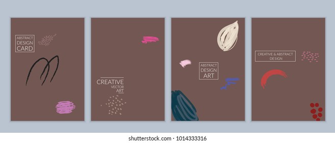Set of artistic minimal universal card templates in Memphis style with abstract hand drawn doodles. Design for poster, card, invitation. Roughly drawn bright trendy textures. Vector isolated