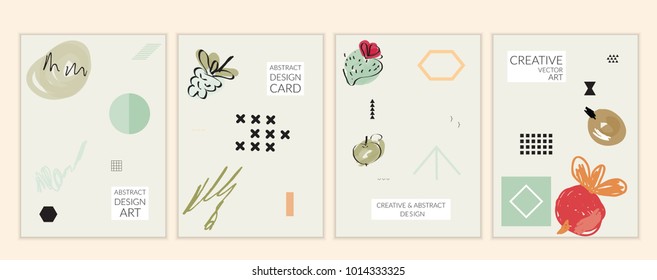 Set of artistic minimal universal card templates in Memphis style with abstract hand drawn doodles. Design for poster, card, invitation. Roughly drawn bright trendy textures. Vector isolated