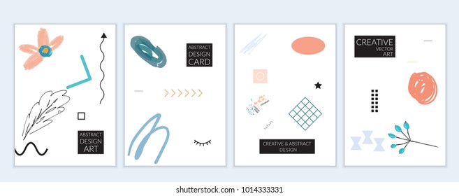 Set of artistic minimal universal card templates in Memphis style with abstract hand drawn doodles. Design for poster, card, invitation. Roughly drawn bright trendy textures. Vector isolated