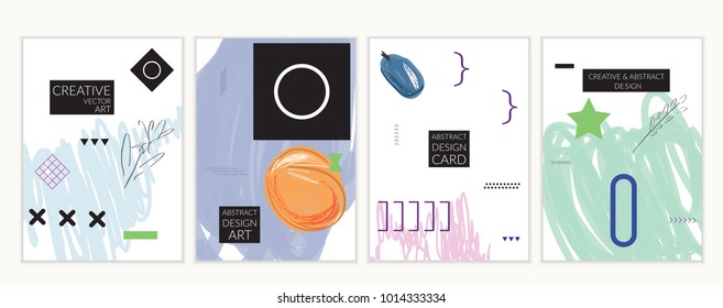Set of artistic minimal universal card templates in Memphis style with abstract hand drawn doodles. Design for poster, card, invitation. Roughly drawn bright trendy textures. Vector isolated