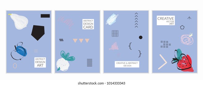 Set of artistic minimal universal card templates in Memphis style with abstract hand drawn doodles. Design for poster, card, invitation. Roughly drawn bright trendy textures. Vector isolated