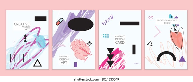 Set of artistic minimal universal card templates in Memphis style with abstract hand drawn doodles. Design for poster, card, invitation. Roughly drawn bright trendy textures. Vector isolated